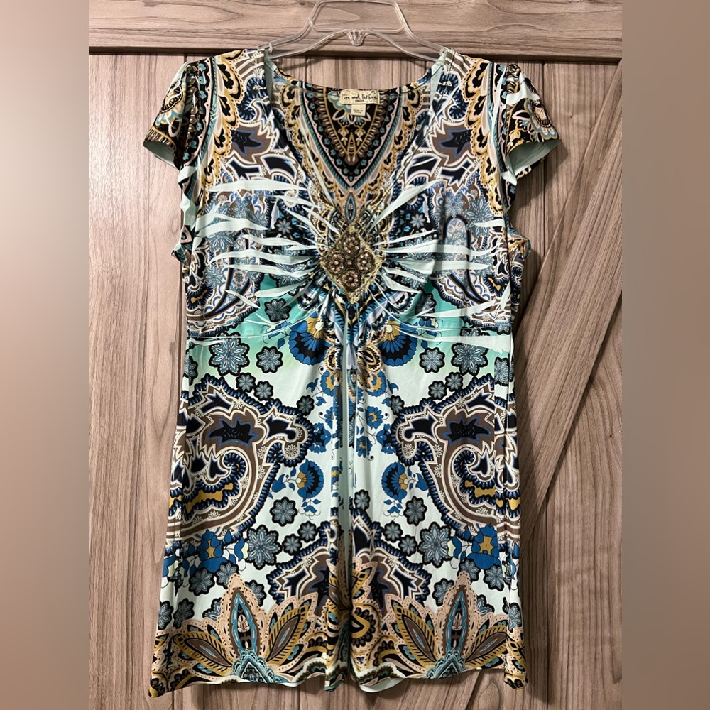 LIVE AND LET LIVE PETITE Boho Top with Beaded Detail Sz PL